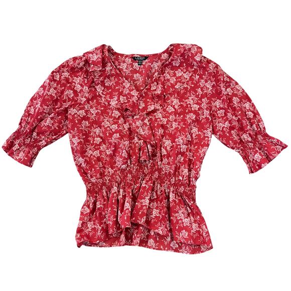 Lauren Ralph Lauren Red Floral Smocked Waist Ruffle V-Neck Blouse - SIZE XL - Picture 1 of 9